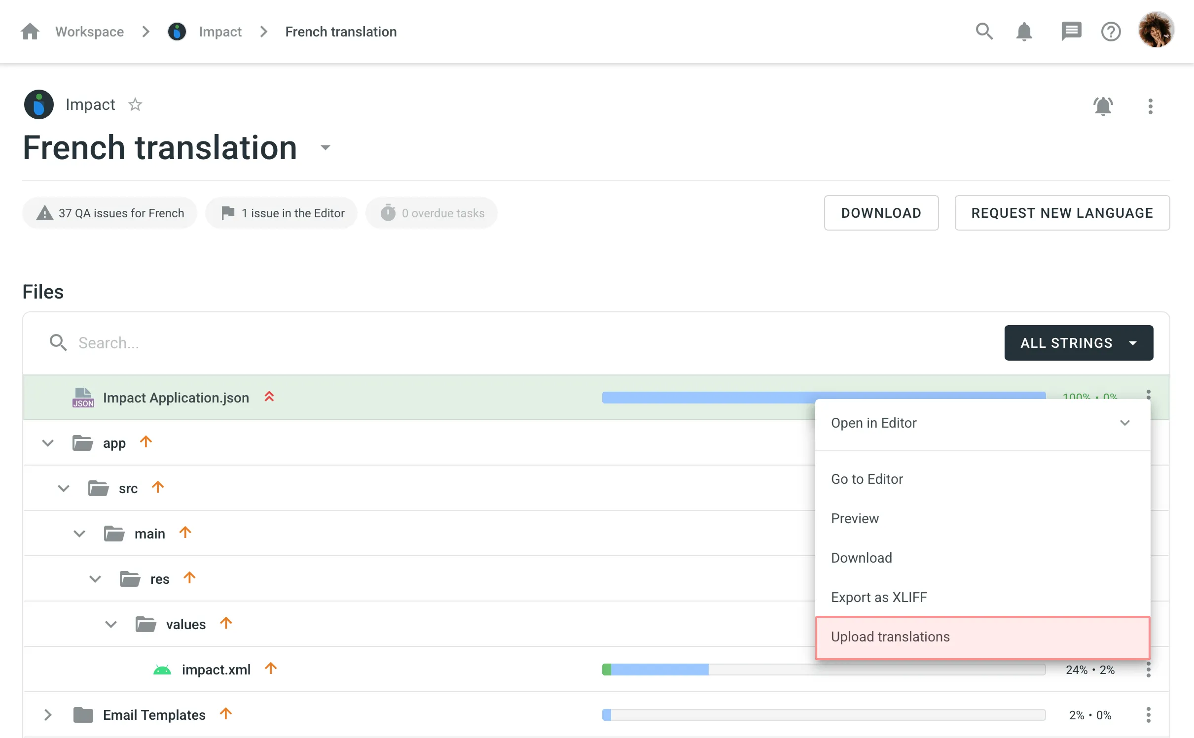 Upload Translations via Language Page